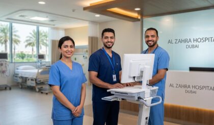 Healthcare professionals working inside Al Zahra Hospital Dubai with modern medical equipment and patient care environment