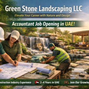 Green Stone Landscaping team designing a premium outdoor landscape project in the UAE with gardens, stone pathways, and decorative features.
