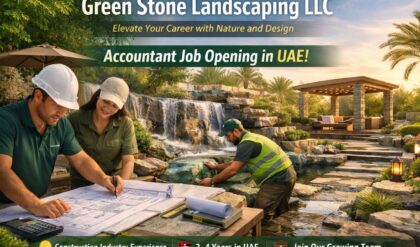 Green Stone Landscaping team designing a premium outdoor landscape project in the UAE with gardens, stone pathways, and decorative features.