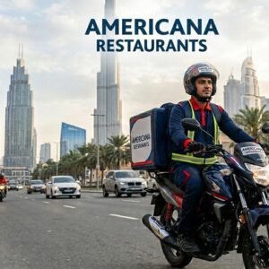 Americana Restaurants recruitment open day in Sharjah offering UAE bike rider jobs with free visa, salary, overtime, medical insurance, and company-provided motorcycle.