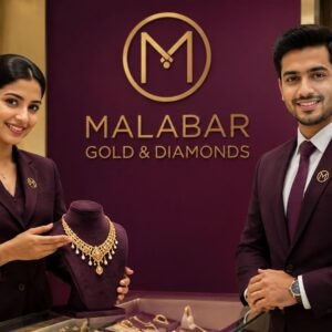 Professional showroom interior of Malabar Gold & Diamonds in the UAE featuring luxury gold and diamond jewellery displays, elegant lighting, customer service executives assisting shoppers, and a premium retail atmosphere representing trust, quality, and international excellence.