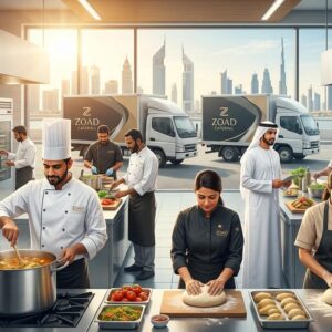Professional catering and kitchen staff working in a large industrial catering facility in the UAE during a recruitment drive by ZOAD Catering.