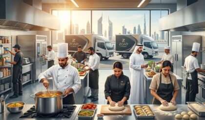 Professional catering and kitchen staff working in a large industrial catering facility in the UAE during a recruitment drive by ZOAD Catering.