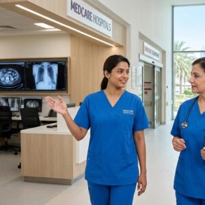 Doctors and medical professionals working inside a modern Medcare Hospital healthcare facility in Dubai, United Arab Emirates.