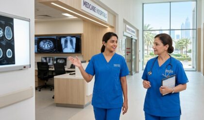 Doctors and medical professionals working inside a modern Medcare Hospital healthcare facility in Dubai, United Arab Emirates.