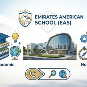 Teachers and students inside a modern international school campus at Emirates American School in Sharjah, United Arab Emirates.