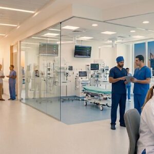 Doctors, nurses, and healthcare professionals working inside a modern American Hospital Dubai medical facility in the United Arab Emirates.