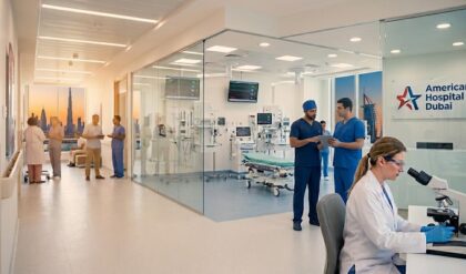 Doctors, nurses, and healthcare professionals working inside a modern American Hospital Dubai medical facility in the United Arab Emirates.
