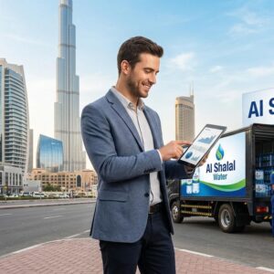 Sales and distribution operations of Al Shalal Pure Natural Mineral Water bottles in Dubai, United Arab Emirates.