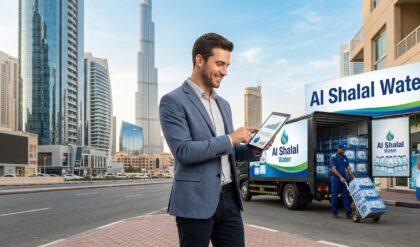 Sales and distribution operations of Al Shalal Pure Natural Mineral Water bottles in Dubai, United Arab Emirates.