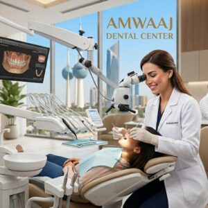 Dental specialists and healthcare professionals working inside a modern dental clinic at Amwaaj Dental Center in Kuwait.