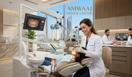 Dental specialists and healthcare professionals working inside a modern dental clinic at Amwaaj Dental Center in Kuwait.