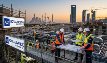 Royal Advance Abu Dhabi hiring poster featuring MEP construction manager and project engineer job openings in UAE