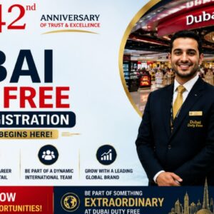 Employees assisting customers inside a luxury Dubai Duty Free retail store at Dubai International Airport.