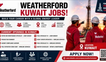 Weatherford oilfield engineers and technicians working at an energy operations site in Kuwait.
