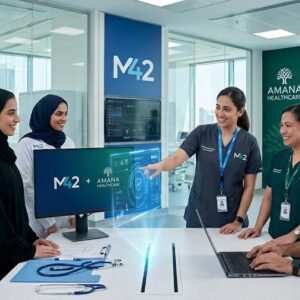 A diverse team of multicultural healthcare professionals collaborating in a high-tech, modern clinical facility at M42 and Amana Healthcare.