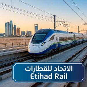 Etihad Rail passenger train operating on the UAE railway network with railway professionals managing safety, track inspection, and train operations.