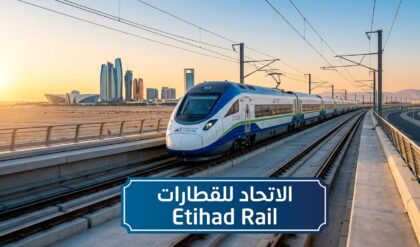 Etihad Rail passenger train operating on the UAE railway network with railway professionals managing safety, track inspection, and train operations.