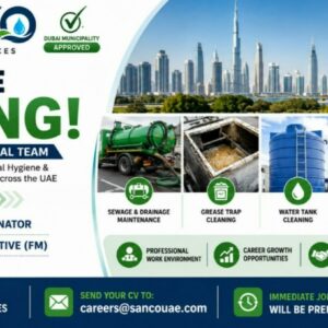 Sanco Environmental Services UAE recruitment 2026 for Operations Coordinator, Senior Sales Executive FM, and Accounts Officer vacancies.