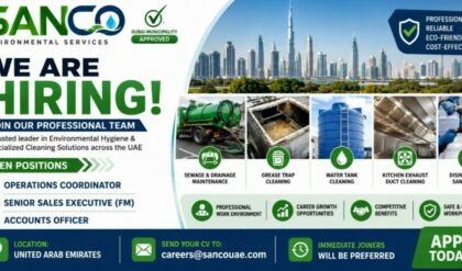 Sanco Environmental Services UAE recruitment 2026 for Operations Coordinator, Senior Sales Executive FM, and Accounts Officer vacancies.