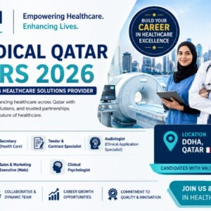 Healthcare professionals and medical technology specialists working in a modern hospital environment with advanced diagnostic and healthcare IT systems in Qatar.