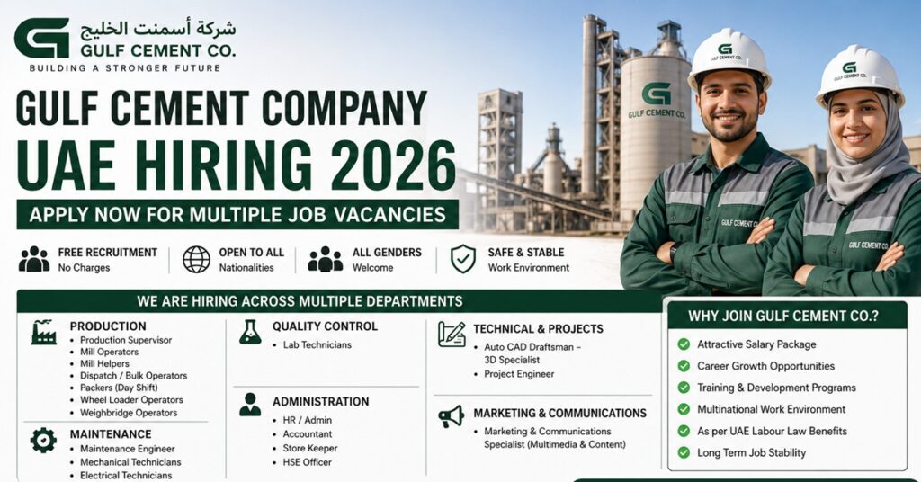 Gulf Cement Company : Gulf Cement Company UAE Careers 2026: Exciting Job Opportunities Announced Across Multiple Departments 1 job 15