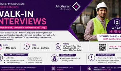Al Ghurair Infrastructure Facilities Solutions walk-in interview announcement for Security Guard vacancies in Dubai UAE