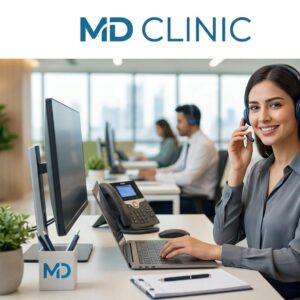 Modern ophthalmology clinic interior in Kuwait showing advanced eye care equipment and a professional healthcare environment symbolizing MD Clinic career opportunities in patient services.