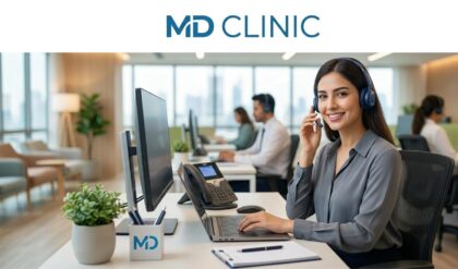 Modern ophthalmology clinic interior in Kuwait showing advanced eye care equipment and a professional healthcare environment symbolizing MD Clinic career opportunities in patient services.