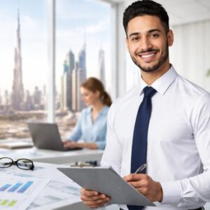 Professional accountant working on financial reports and digital accounting systems at Gulf Education UAE.
