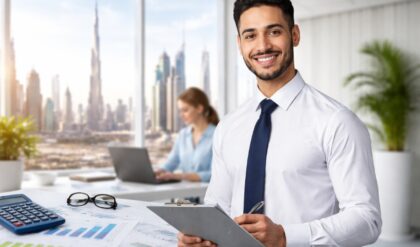Professional accountant working on financial reports and digital accounting systems at Gulf Education UAE.