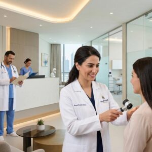 Modern healthcare and aesthetic clinic environment representing multiple job openings in dermatology, nursing, physiotherapy, dental care, and homecare services in the UAE.