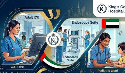 King’s College Hospital UAE recruitment campaign featuring nursing, medical, healthcare administration, and management vacancies at its Dubai facilities, offering career opportunities within a leading British healthcare institution.
