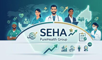 SEHA UAE healthcare recruitment campaign featuring Homecare Occupational Therapist, Sonographer, and School Nurse vacancies in Abu Dhabi and Al Ain for licensed healthcare professionals.