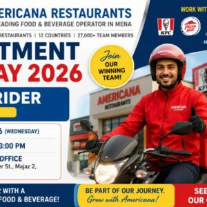 Americana Restaurants UAE Recruitment Open Day 2026 for Bike Rider vacancies in Sharjah with direct visa sponsorship, salary, incentives, medical insurance, annual flight ticket, and company-provided bike and fuel.