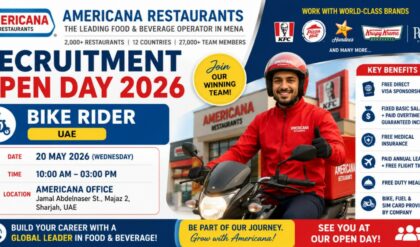 Americana Restaurants UAE Recruitment Open Day 2026 for Bike Rider vacancies in Sharjah with direct visa sponsorship, salary, incentives, medical insurance, annual flight ticket, and company-provided bike and fuel.