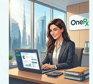 Professional accountant working on financial reports and accounts payable processes in a modern Dubai corporate office environment.