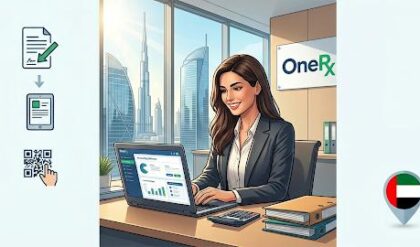 Professional accountant working on financial reports and accounts payable processes in a modern Dubai corporate office environment.