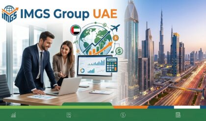 Professional finance team working in a modern corporate office environment, representing Assistant Finance Manager career opportunities at IMGS Group in Dubai, UAE, with business professionals reviewing financial reports, budgeting data, and accounting documents.