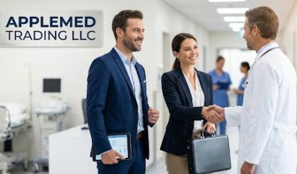 Sales Executive job opportunity at AppleMed Trading LLC Dubai, featuring healthcare sales professionals discussing medical products and business development opportunities in the UAE healthcare industry.