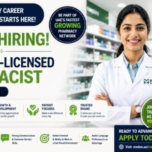DOH/HAAD-Licensed Pharmacist assisting customers and dispensing medications at a modern Medon Pharmacy branch in Abu Dhabi, UAE.
