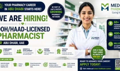 DOH/HAAD-Licensed Pharmacist assisting customers and dispensing medications at a modern Medon Pharmacy branch in Abu Dhabi, UAE.