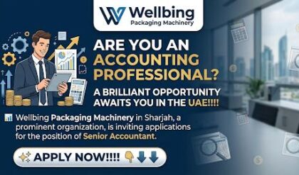 Senior Accountant reviewing financial reports and business performance data in a modern corporate office at Wellbing Packaging Machinery, Sharjah Airport International Free Zone, UAE.