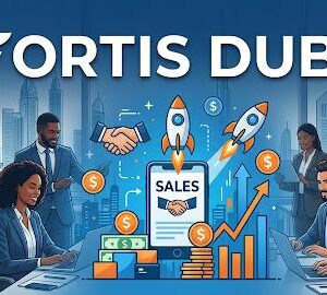 Sales Executive discussing digital payment solutions with a business owner in a modern office environment, representing Fortis fintech services in Dubai, UAE.