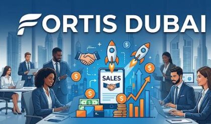 Sales Executive discussing digital payment solutions with a business owner in a modern office environment, representing Fortis fintech services in Dubai, UAE.