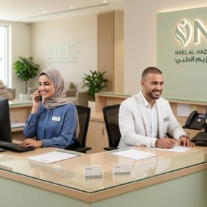 Arabic-speaking receptionist assisting patients at the front desk of a modern dental and healthcare facility at Nael Al Hazeem Center in Kuwait.