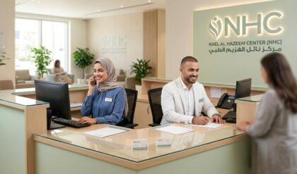 Arabic-speaking receptionist assisting patients at the front desk of a modern dental and healthcare facility at Nael Al Hazeem Center in Kuwait.