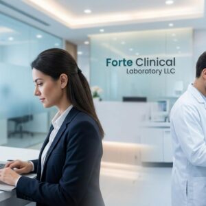 Healthcare professionals working in a modern diagnostic laboratory facility in Dubai, representing Accounts Executive and Laboratory Manager career opportunities at Forte Clinical Laboratory LLC.