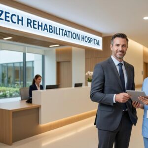 Healthcare professionals discussing rehabilitation services inside a modern hospital facility in the UAE, representing career opportunities at Czech Rehabilitation Hospital.