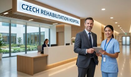 Healthcare professionals discussing rehabilitation services inside a modern hospital facility in the UAE, representing career opportunities at Czech Rehabilitation Hospital.